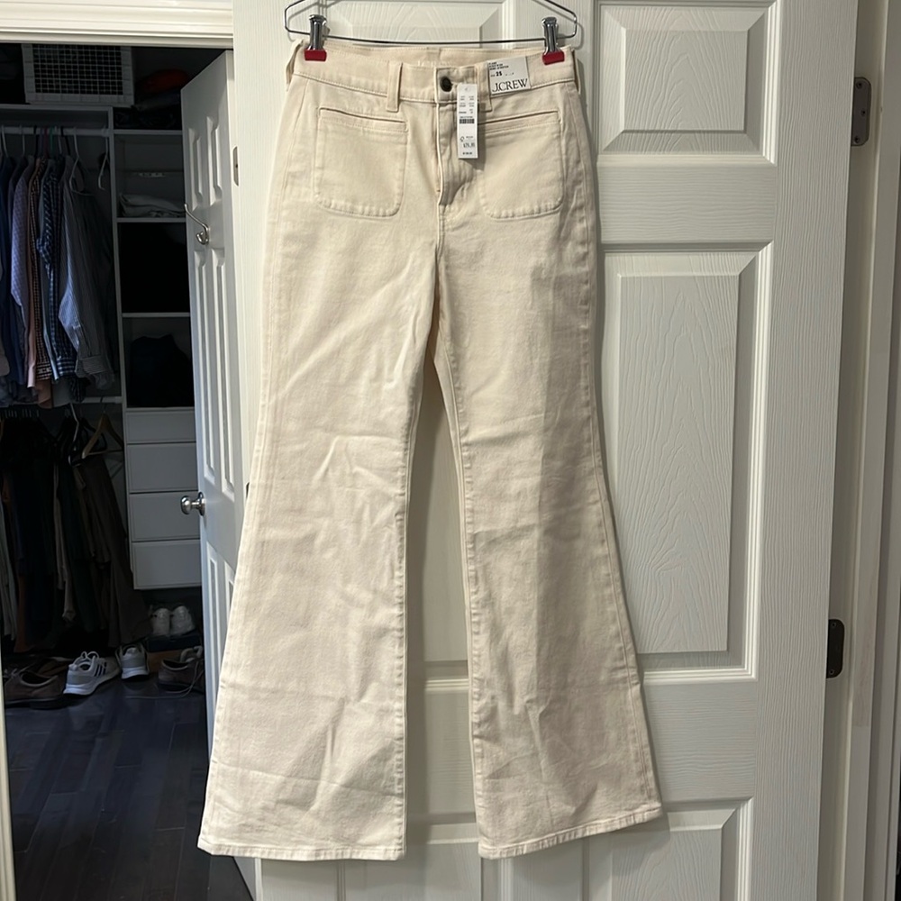 NWT j crew size 25 flare, high rise, semi stretch off white cotton/twill/jeans